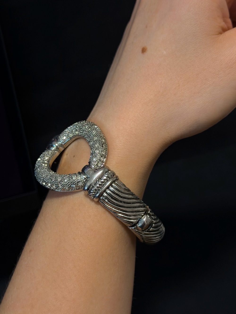 Vintage Silver Tone Cable Cuff Bracelet with Pave Crystals - Yurman Style